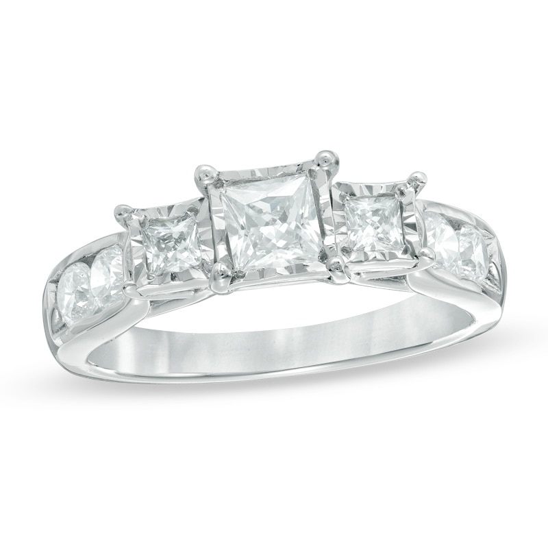 Main Image 1 of Previously Owned - 1 CT. T.W. Princess-Cut Diamond Past Present Future® Engagement Ring in 10K White Gold