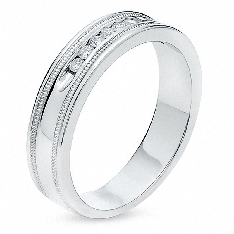 Main Image 2 of Previously Owned - Men's 1/4 CT. T.W. Diamond Channel Milgrain Band in 14K White Gold