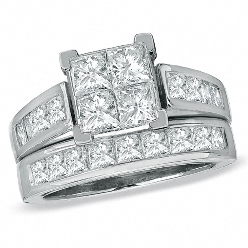 Main Image 1 of Previously Owned - 3 CT. T.W. Quad Square-Cut Diamond Bridal Set in 14K White Gold