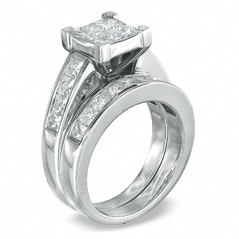 Main Image 2 of Previously Owned - 3 CT. T.W. Quad Square-Cut Diamond Bridal Set in 14K White Gold