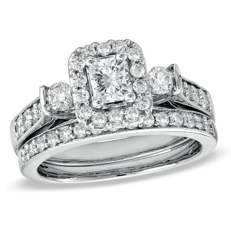 Main Image 1 of Previously Owned - 1-1/4 CT. T.W. Radiant-Cut Diamond Bridal Set in 14K White Gold