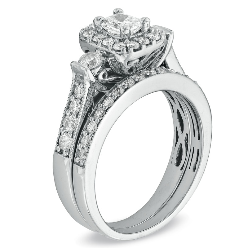 Main Image 2 of Previously Owned - 1-1/4 CT. T.W. Radiant-Cut Diamond Bridal Set in 14K White Gold