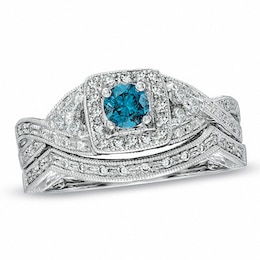 Previously Owned - 1/2 CT. T.W. Enhanced Blue and White Diamond Vintage-Style Bridal Set in 14K White Gold