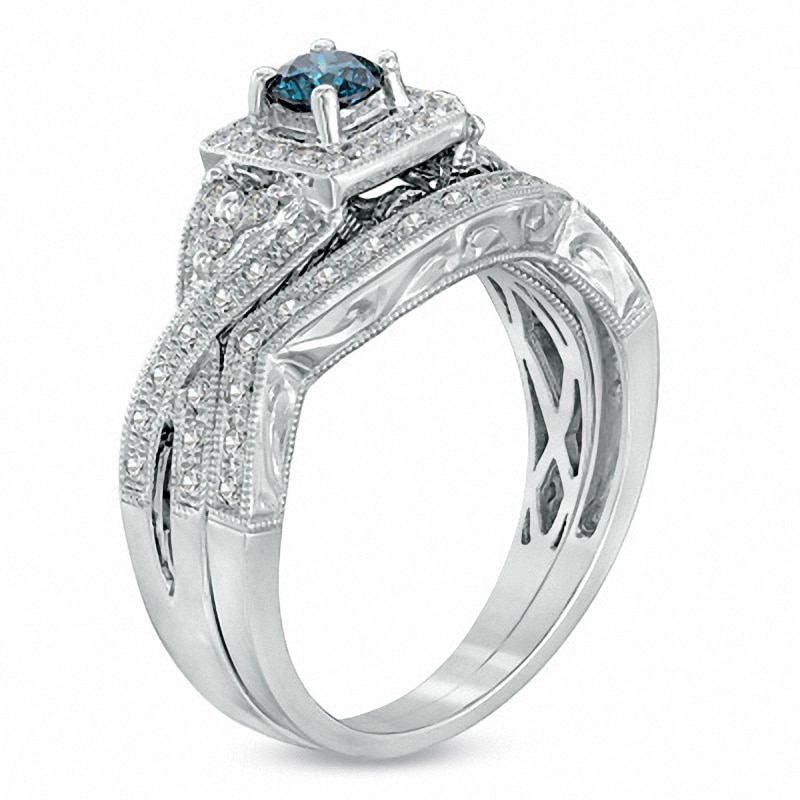 Main Image 2 of Previously Owned - 1/2 CT. T.W. Enhanced Blue and White Diamond Vintage-Style Bridal Set in 14K White Gold