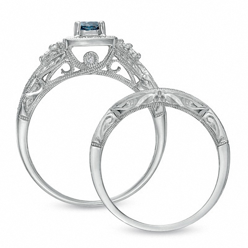 Main Image 3 of Previously Owned - 1/2 CT. T.W. Enhanced Blue and White Diamond Vintage-Style Bridal Set in 14K White Gold