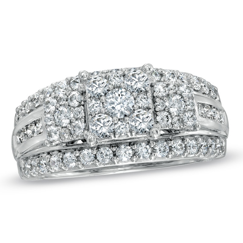 Main Image 1 of Previously Owned - 1-1/2 CT. T.W. Diamond Square Composite Three Stone Ring in 14K White Gold