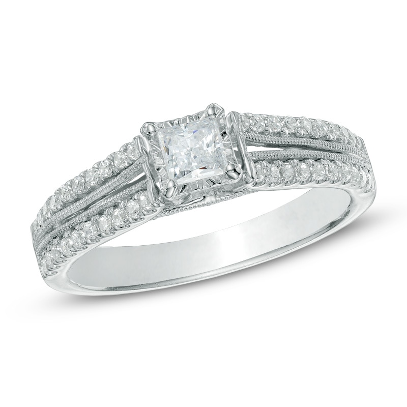 Previously Owned - 1/2 CT. T.W. Princess-Cut Diamond Split Shank Engagement Ring in 10K White Gold