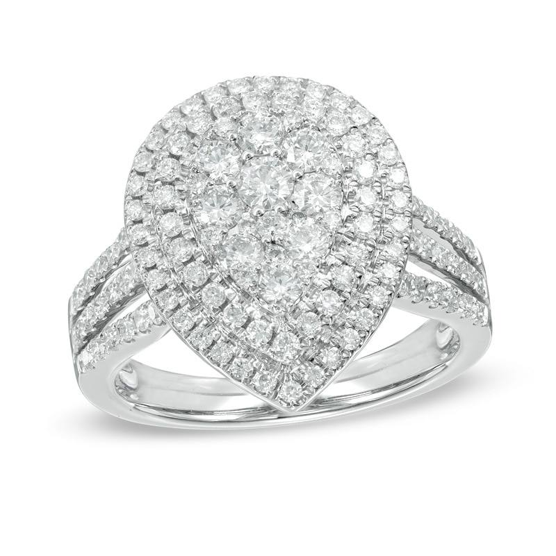 Previously Owned - 1-1/8 CT. T.W. Composite Diamond Pear-Shaped Double Frame Engagement Ring in 14K White Gold