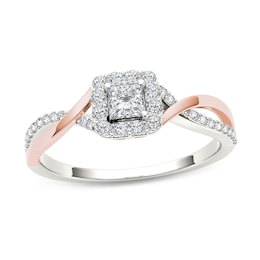 Previously Owned - 1/2 CT. T.W. Princess-Cut Diamond Square Frame Twist Engagement Ring in 14K Two-Tone Gold