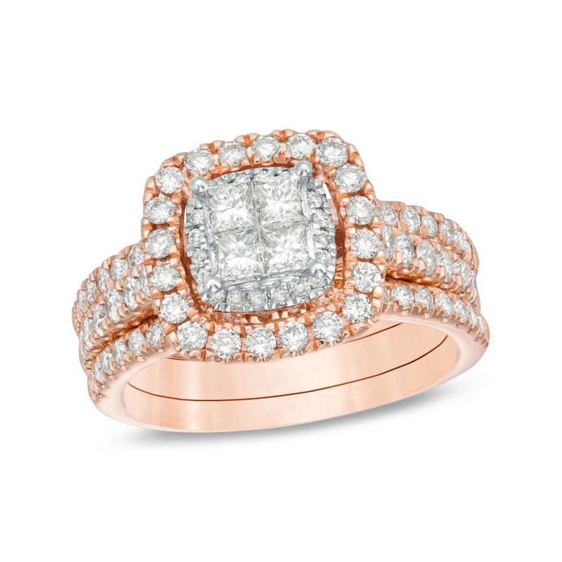 Previously Owned - 1-3/8 CT. T.W. Quad Princess-Cut Diamond Double Frame Three Piece Bridal Set in 14K Rose Gold