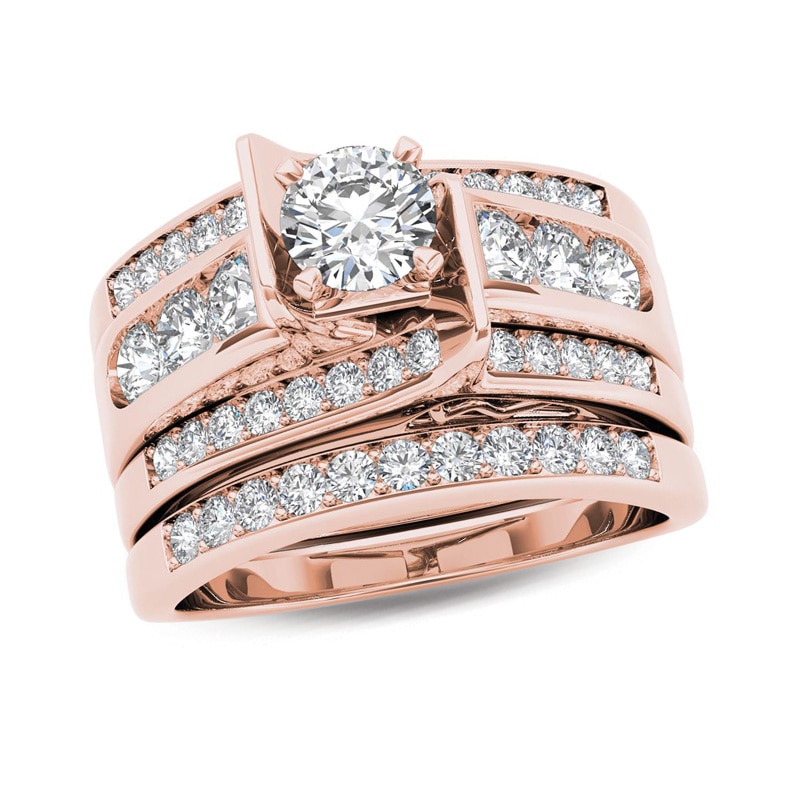 Main Image 1 of Previously Owned - 1-1/4  CT. T.W. Diamond Multi-Row Bridal Set in 14K Rose Gold