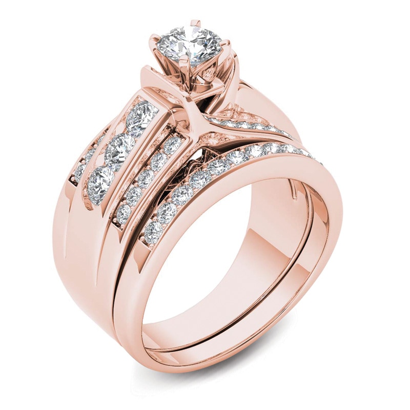 Main Image 2 of Previously Owned - 1-1/4  CT. T.W. Diamond Multi-Row Bridal Set in 14K Rose Gold