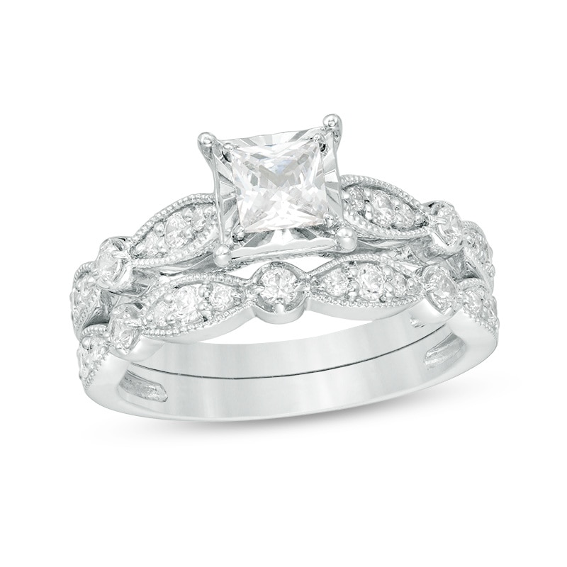 Previously Owned 1 CT. T.W. Princess-Cut Diamond Vintage-Style Soldered Bridal Set in 14K White Gold
