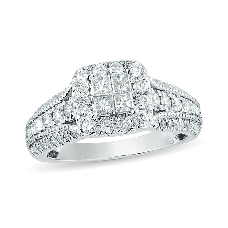 Previously Owned - 1 CT. T.W. Quad Princess-Cut Diamond Frame Vintage-Style Engagement Ring in 10K White Gold