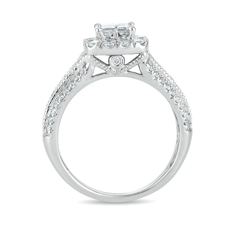 Previously Owned - 1 CT. T.W. Quad Princess-Cut Diamond Frame Vintage-Style Engagement Ring in 10K White Gold