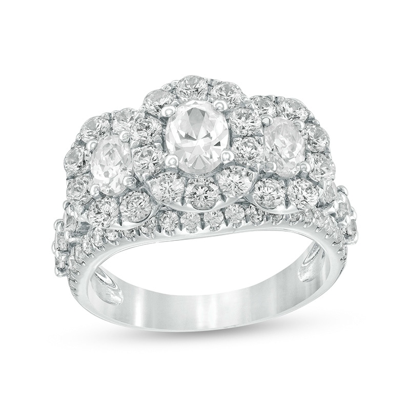 Main Image 1 of Previously Owned - 3 CT. T.W. Oval Diamond Past Present Future® Frame Engagement Ring in 14K White Gold