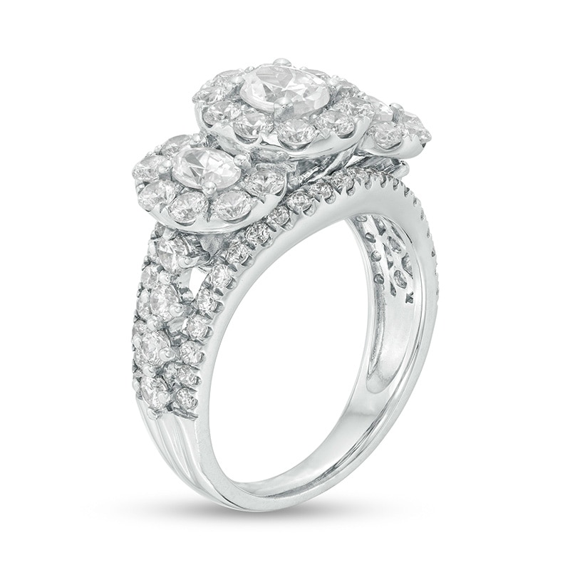 Main Image 2 of Previously Owned - 3 CT. T.W. Oval Diamond Past Present Future® Frame Engagement Ring in 14K White Gold