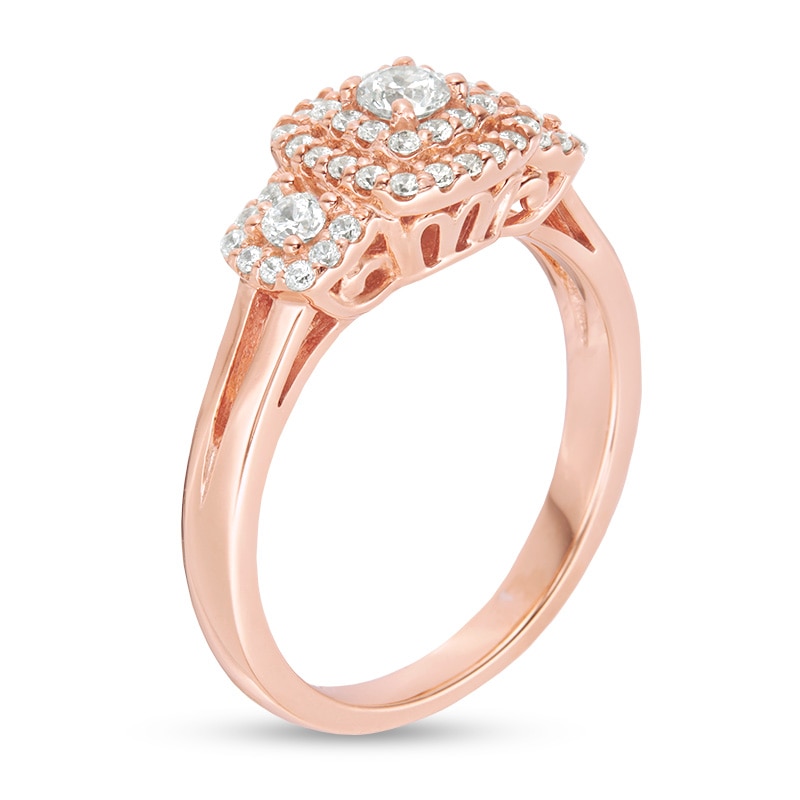 Previously Owned - 1/2 CT. T.W. Diamond Past Present Future® Double Cushion Frame Engagement Ring in 10K Rose Gold