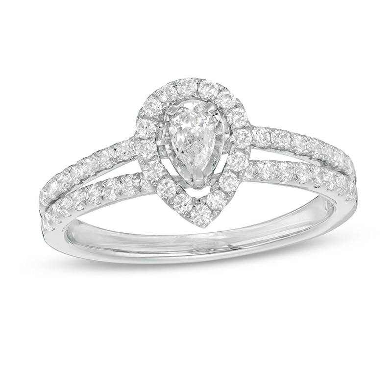 Main Image 1 of Previously Owned - 3/4 CT. T.W. Pear-Shaped Diamond Frame Vintage-Style Engagement Ring in 10K White Gold