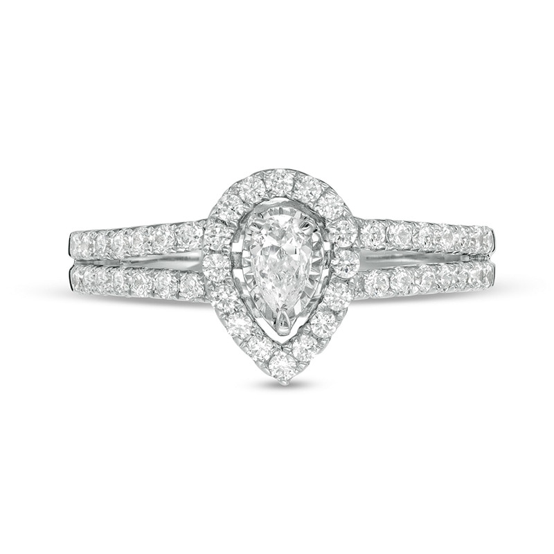 Main Image 4 of Previously Owned - 3/4 CT. T.W. Pear-Shaped Diamond Frame Vintage-Style Engagement Ring in 10K White Gold