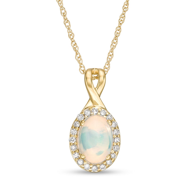 Main Image 1 of Previously Owned - Oval Opal and 1/15 CT. T.W. Diamond Frame Pendant in 10K Gold