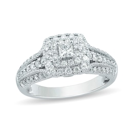 Previously Owned - 1 CT. T.W. Princess-Cut Diamond Double Frame Vintage-Style Engagement Ring in 10K White Gold