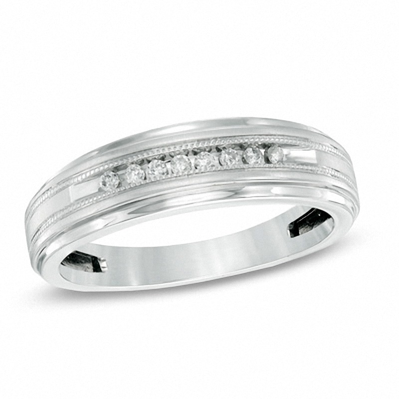 Main Image 1 of Previously Owned - Men's 1/10 CT. T.W. Diamond Milgrain Wedding Band in 10K White Gold