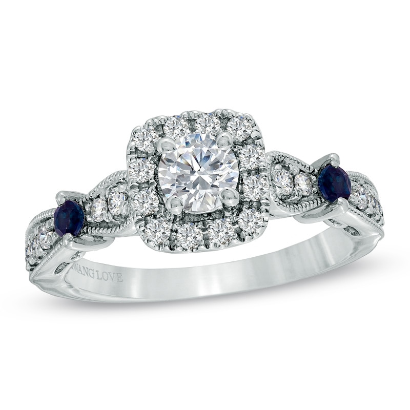 Main Image 1 of Previously Owned - Vera Wang Love Collection 3/4 CT. T.W. Diamond and Blue Sapphire Ring in 14K White Gold