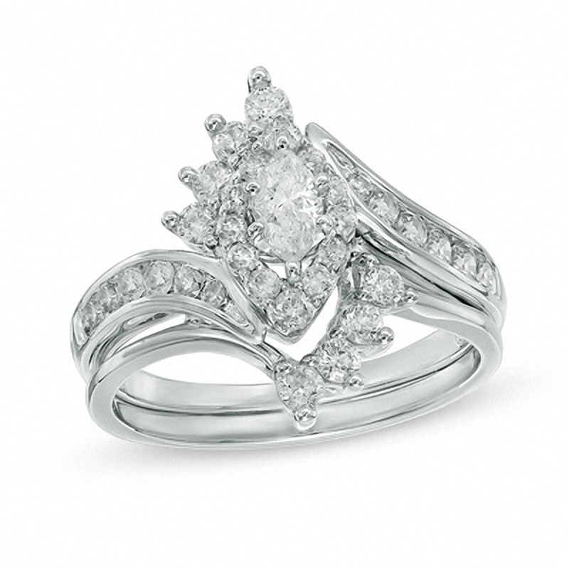 Main Image 1 of Previously Owned - 1 CT. T.W. Marquise Diamond Frame Bridal Set in 14K White Gold