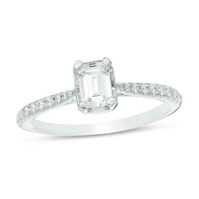 Main Image 1 of Previously Owned - 3/4 CT. T.W. Emerald-Cut Diamond Frame Engagement Ring in 14K White Gold