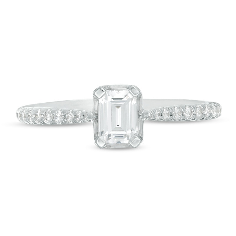 Main Image 4 of Previously Owned - 3/4 CT. T.W. Emerald-Cut Diamond Frame Engagement Ring in 14K White Gold