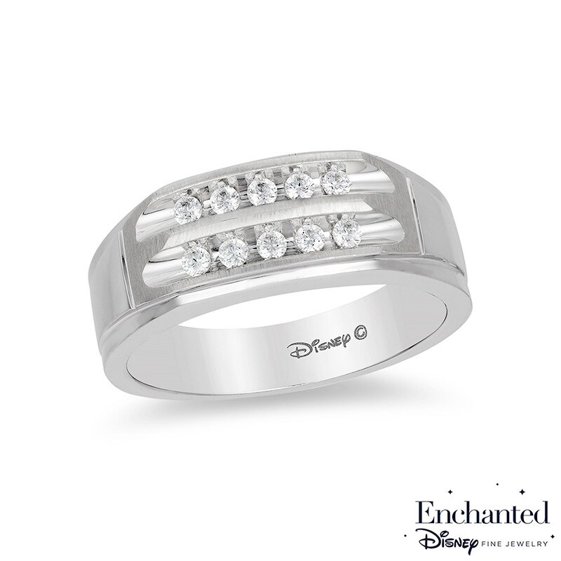 Main Image 1 of Previously Owned - Enchanted Disney Men's 1/4 CT. T.W. Diamond Two Row Wedding Band in 14K White Gold