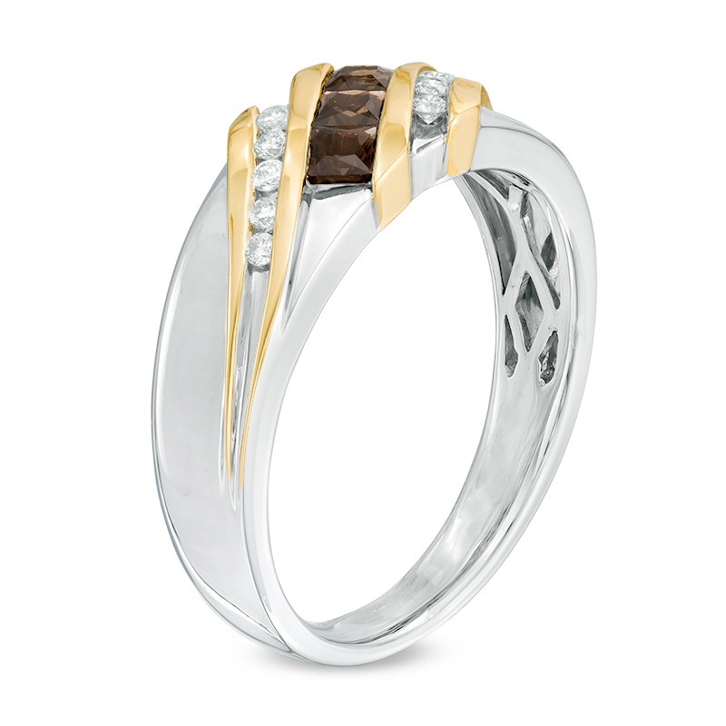 Main Image 2 of Previously Owned - Men's Smoky Quartz and 1/8 CT. T.W. Diamond Three Stone Slant Band in 10K Two-Tone Gold