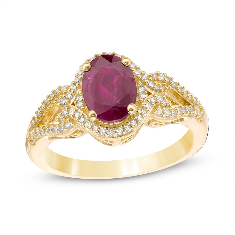 Main Image 1 of Previously Owned - Oval Ruby and 1/5 CT. T.W. Diamond Frame Scrolling Split Shank Ring in 10K Gold