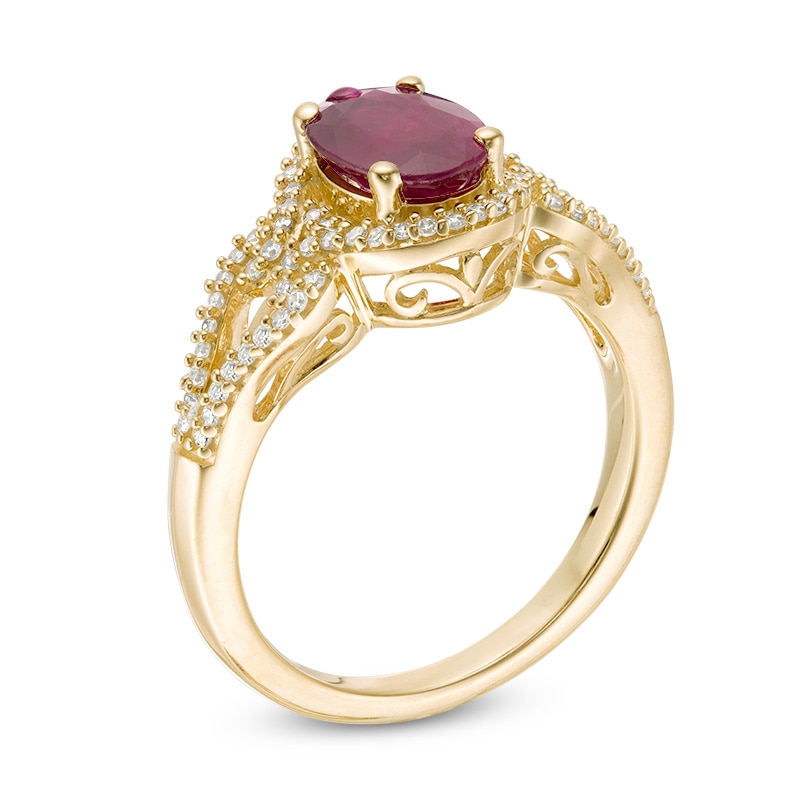 Main Image 3 of Previously Owned - Oval Ruby and 1/5 CT. T.W. Diamond Frame Scrolling Split Shank Ring in 10K Gold