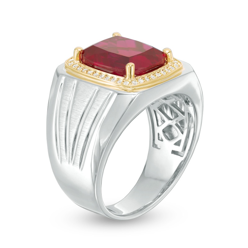 Previously Owned - Men's Cushion-Cut Lab-Created Ruby and 1/6 CT. T.W.  Diamond Ring in Sterling Silver and 10K Gold | Zales Outlet