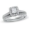 Thumbnail Image 1 of Previously Owned Celebration 102® 1 CT. T.W. Princess-Cut Diamond Soldered Bridal Set in 18K White Gold (I/SI2)