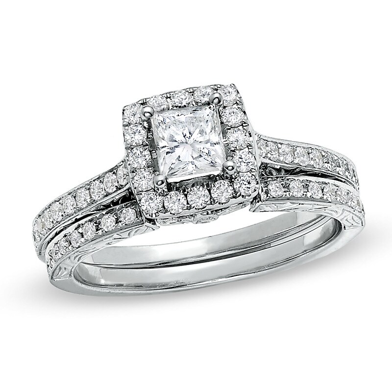 Main Image 1 of Previously Owned Celebration 102® 1 CT. T.W. Princess-Cut Diamond Soldered Bridal Set in 18K White Gold (I/SI2)