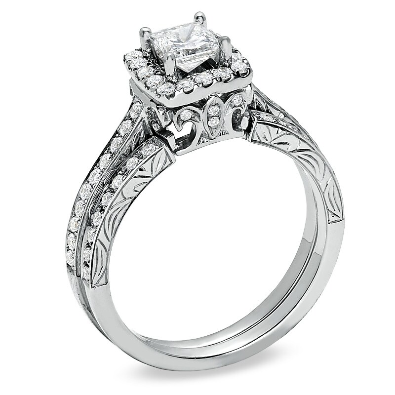 Main Image 2 of Previously Owned Celebration 102® 1 CT. T.W. Princess-Cut Diamond Soldered Bridal Set in 18K White Gold (I/SI2)