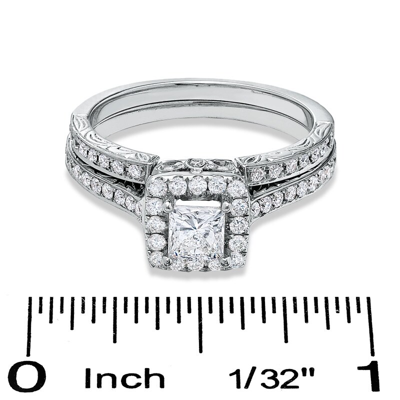 Main Image 3 of Previously Owned Celebration 102® 1 CT. T.W. Princess-Cut Diamond Soldered Bridal Set in 18K White Gold (I/SI2)