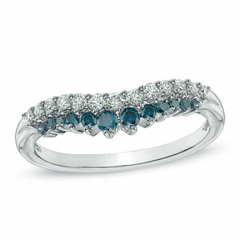 Previously Owned - 3/8 CT. T.W. Blue and White Diamond Double Row Contour Band in 14K White Gold