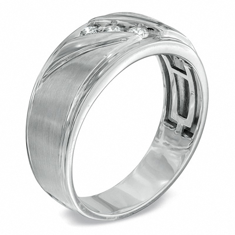 Main Image 2 of Previously Owned - Men's 1/5 CT. T.W. Diamond Three Stone Slant Band in 10K White Gold