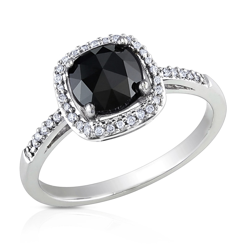 Previously Owned - 1 CT. T.W. Cushion-Cut Enhanced Black and White Diamond Frame Ring in 14K White Gold