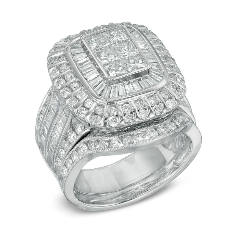 Previously Owned - 3 CT. T.W. Emerald-Shaped Multi-Diamond Layered Frame Bridal Set in 10K White Gold