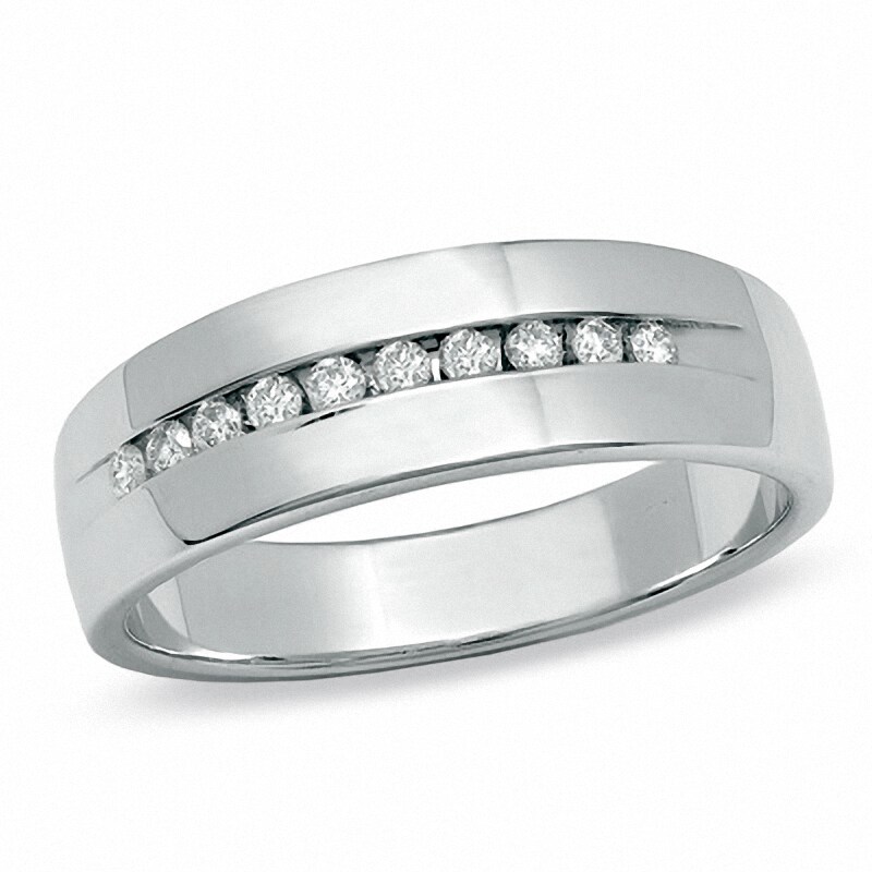 Main Image 1 of Previously Owned - Men's 1/4 CT. T.W. Channel Set Diamond Wedding Band in 14K White Gold