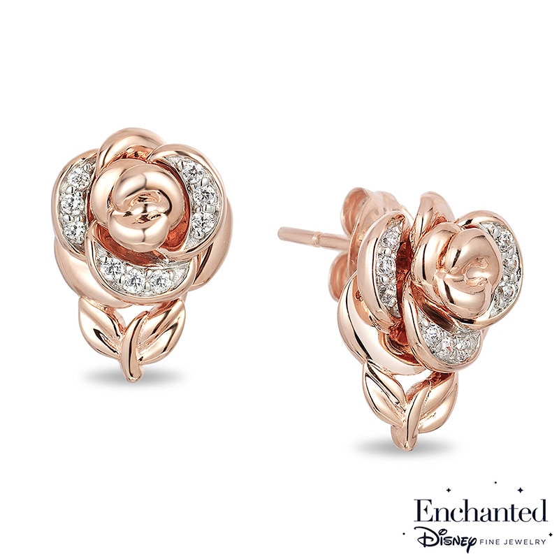 Main Image 1 of Previously Owned - Enchanted Disney Belle 0.084 CT. T.W. Diamond Rose Stud Earrings in 10K Rose Gold