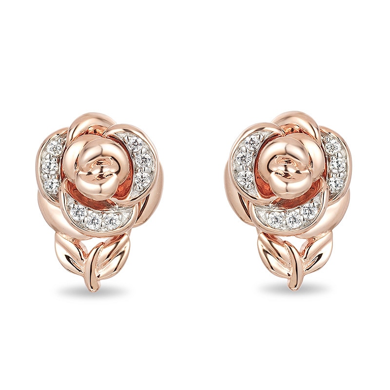 Main Image 2 of Previously Owned - Enchanted Disney Belle 0.084 CT. T.W. Diamond Rose Stud Earrings in 10K Rose Gold