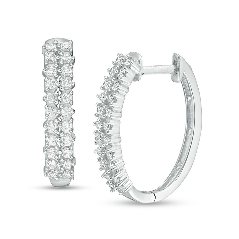 Main Image 1 of Previously Owned - 1/2 CT. T.W. Diamond Double Row Hoop Earrings in 10K White Gold