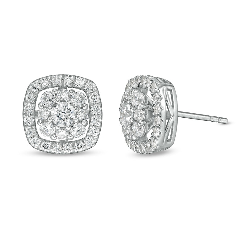 Previously Owned - 1 CT. T.W.  Lab-Created Diamond Cushion Frame Stud Earrings in 14K White Gold (F/SI2)
