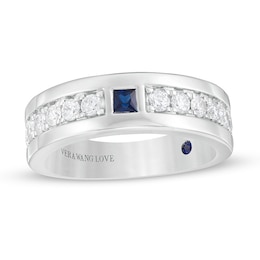 Previously Owned - Vera Wang Love Collection Men's Square-Cut Sapphire and 3/4 CT. T.W. Diamond Band in 14K White Gold